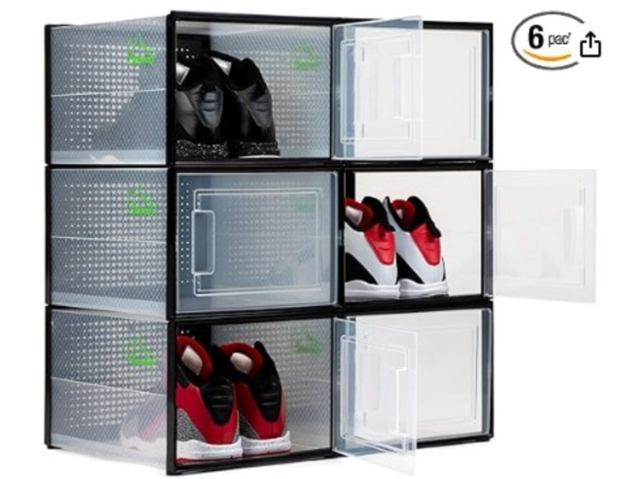 BLACK LARGE 6 PACK - 14.6 Inches Long for BIG Shoes & Sneakers, Shoe Storage Organizer, Shoe Storage Boxes, Shoe Box Clear Plastic Stackable, Shoe Containers, Closet Shoe Organizer